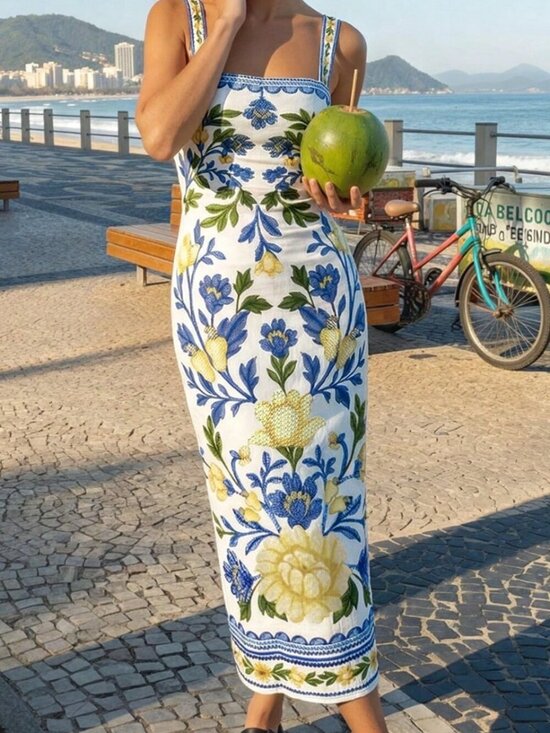 Dresses & Skirts - Blue Boho Women's Floral Print Elegant Fitted Spaghetti Strap Vacation Dress